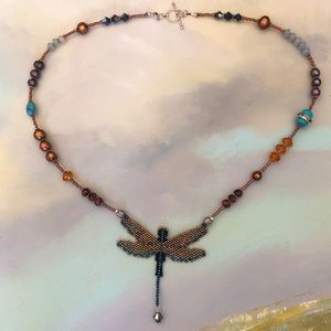 Peyote Stitch Dragonfly Necklace with Gemstones and Pearls